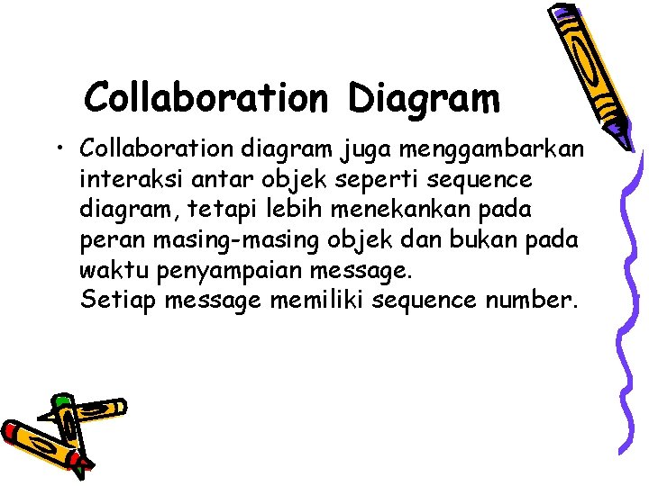 Collaboration Diagram • Collaboration diagram juga menggambarkan interaksi antar objek seperti sequence diagram, tetapi