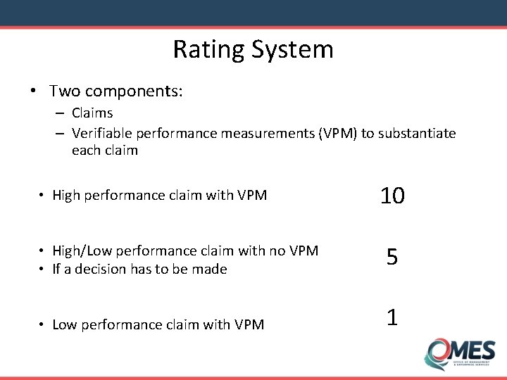 Rating System • Two components: – Claims – Verifiable performance measurements (VPM) to substantiate