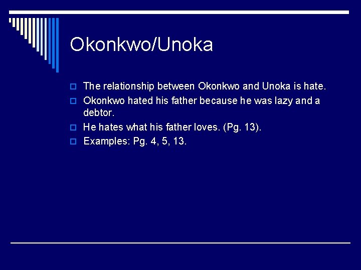 Okonkwo/Unoka o The relationship between Okonkwo and Unoka is hate. o Okonkwo hated his