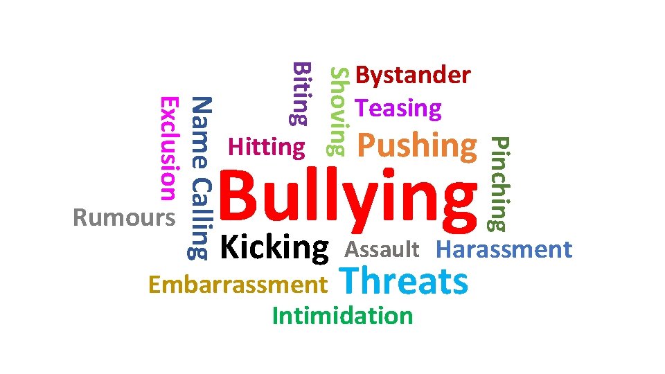 Hitting Pushing Bullying Kicking Pinching Shoving Biting Name Calling Exclusion Rumours Bystander Teasing Assault