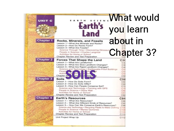 What would you learn about in Chapter 3? SOILS 