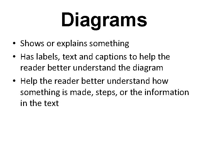 Diagrams • Shows or explains something • Has labels, text and captions to help