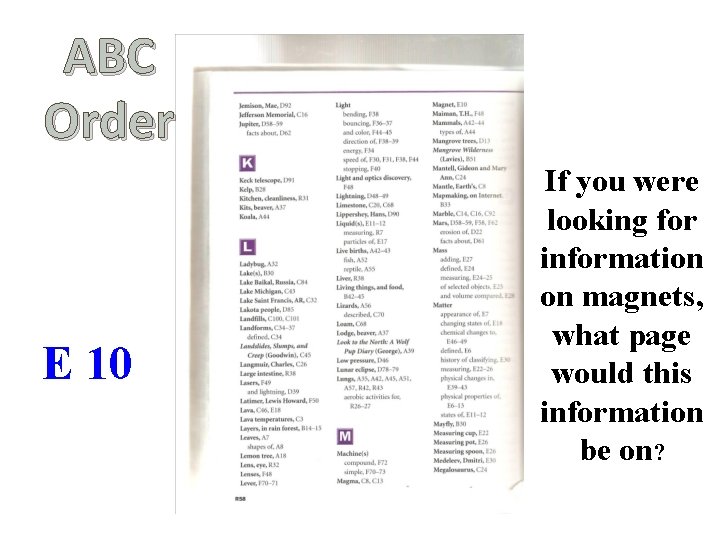 ABC Order E 10 If you were looking for information on magnets, what page