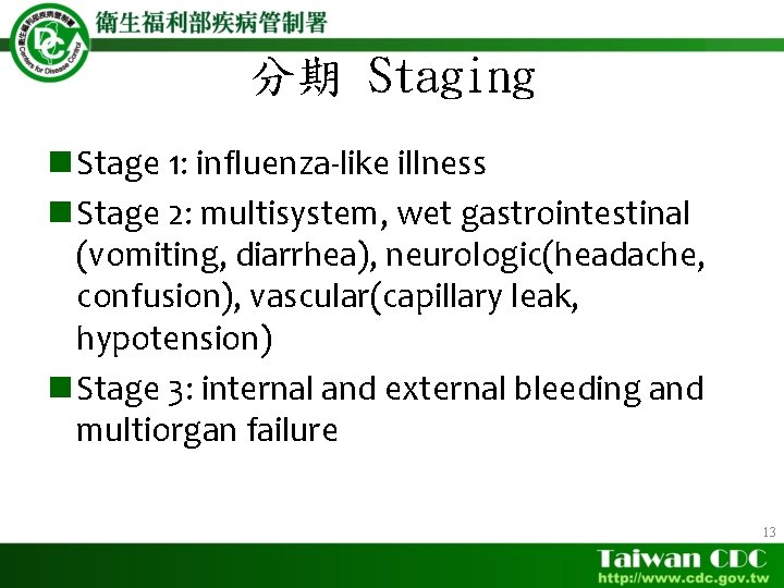 分期 Staging n Stage 1: influenza-like illness n Stage 2: multisystem, wet gastrointestinal (vomiting,