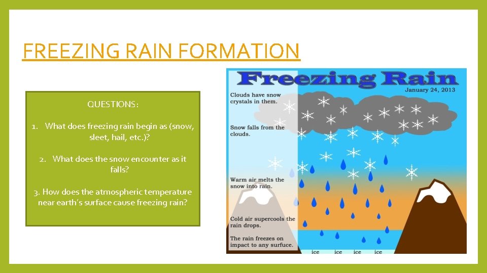 FREEZING RAIN FORMATION QUESTIONS: 1. What does freezing rain begin as (snow, sleet, hail,