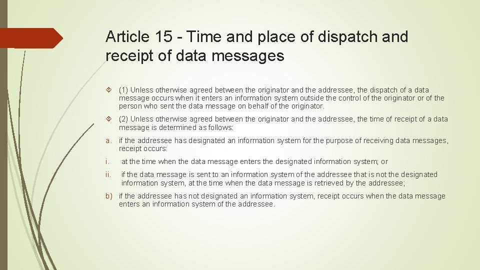 Article 15 - Time and place of dispatch and receipt of data messages (1)