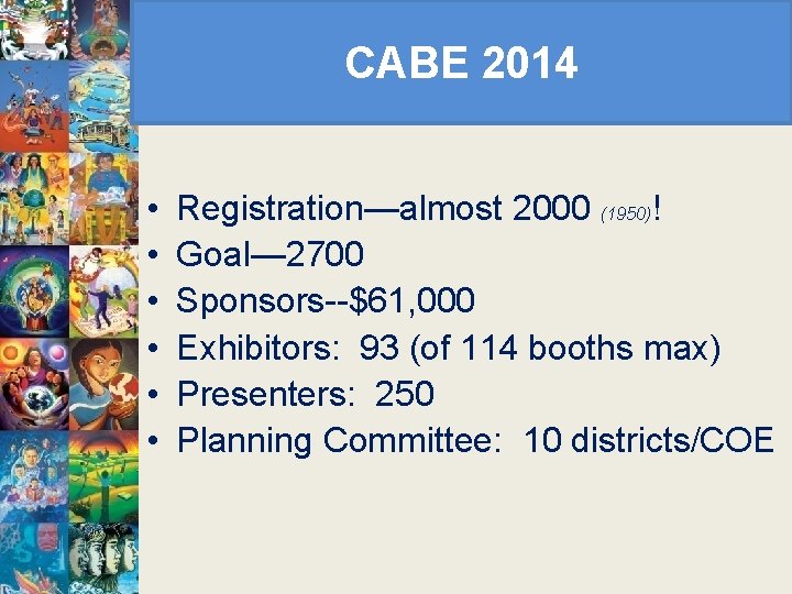 CABE 2014 • • • Registration—almost 2000 (1950)! Goal— 2700 Sponsors--$61, 000 Exhibitors: 93