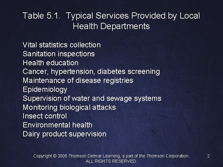 Table 5. 1. Typical Services Provided by Local Health Departments Vital statistics collection Sanitation