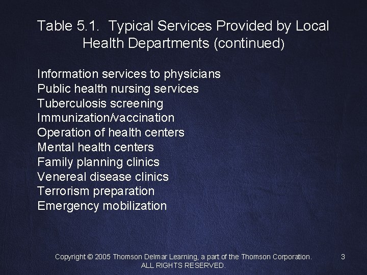 Table 5. 1. Typical Services Provided by Local Health Departments (continued) Information services to