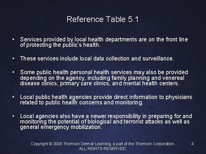 Reference Table 5. 1 • Services provided by local health departments are on the