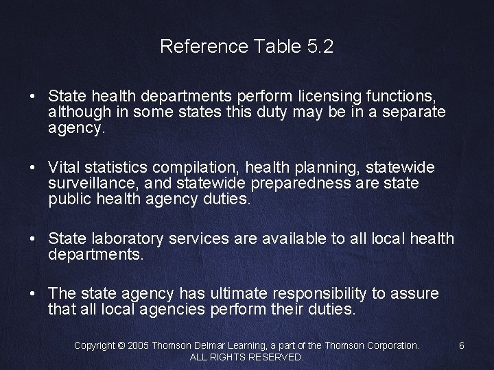 Reference Table 5. 2 • State health departments perform licensing functions, although in some