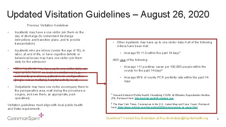 Updated Visitation Guidelines – August 26, 2020 Previous Visitation Guidelines • • Inpatients may