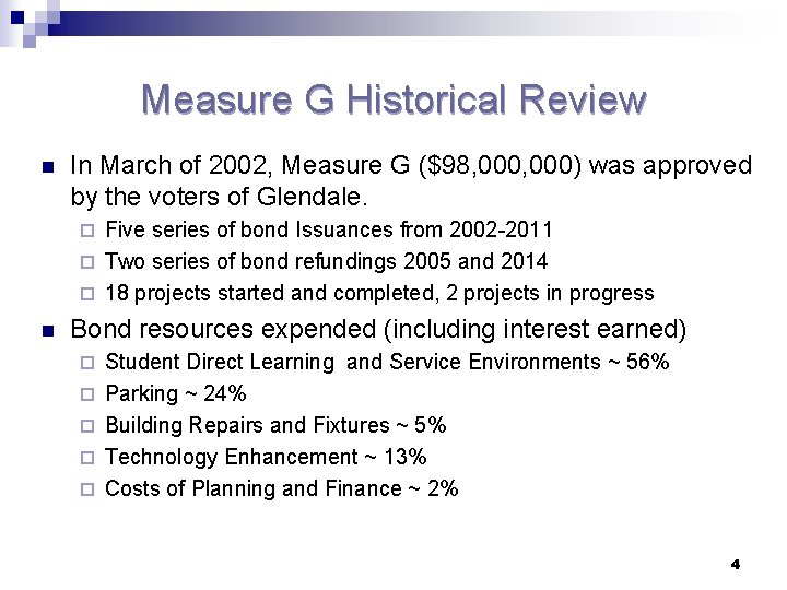 Measure G Historical Review n In March of 2002, Measure G ($98, 000) was