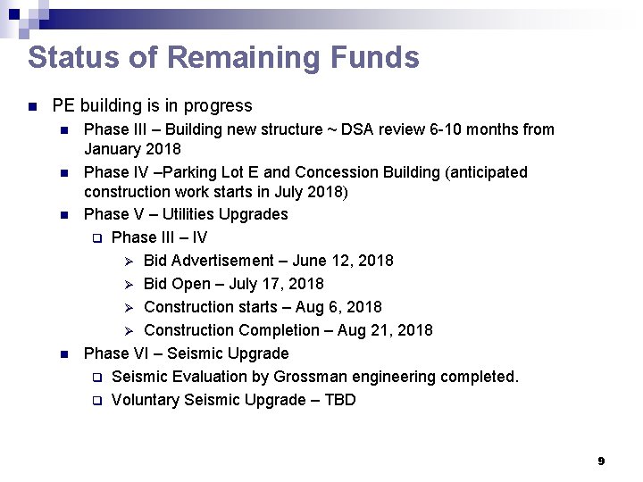 Status of Remaining Funds n PE building is in progress n n Phase III