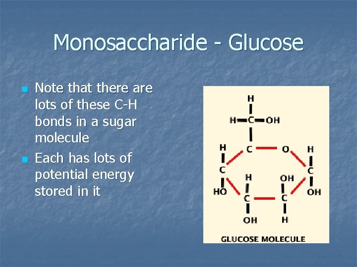 Monosaccharide - Glucose n n Note that there are lots of these C-H bonds