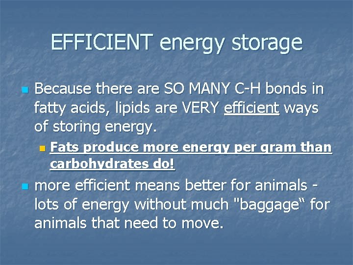 EFFICIENT energy storage n Because there are SO MANY C-H bonds in fatty acids,