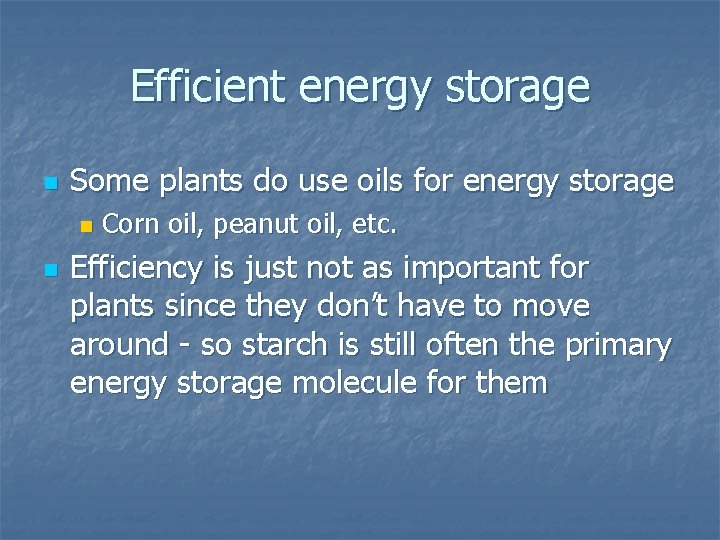 Efficient energy storage n Some plants do use oils for energy storage n n