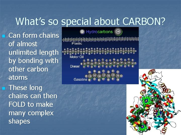 What’s so special about CARBON? n n Can form chains of almost unlimited length