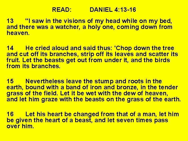 READ: DANIEL 4: 13 -16 13 "I saw in the visions of my head
