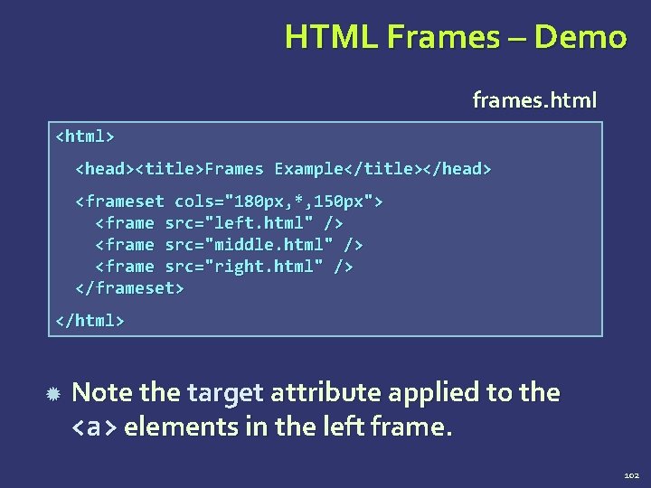 HTML Frames – Demo frames. html <html> <head><title>Frames Example</title></head> <frameset cols="180 px, *, 150