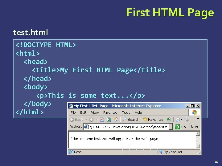 First HTML Page test. html <!DOCTYPE HTML> <html> <head> <title>My First HTML Page</title> </head>