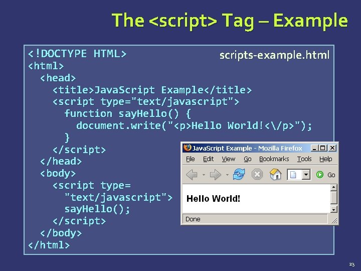 The <script> Tag – Example <!DOCTYPE HTML> scripts-example. html <html> <head> <title>Java. Script Example</title>