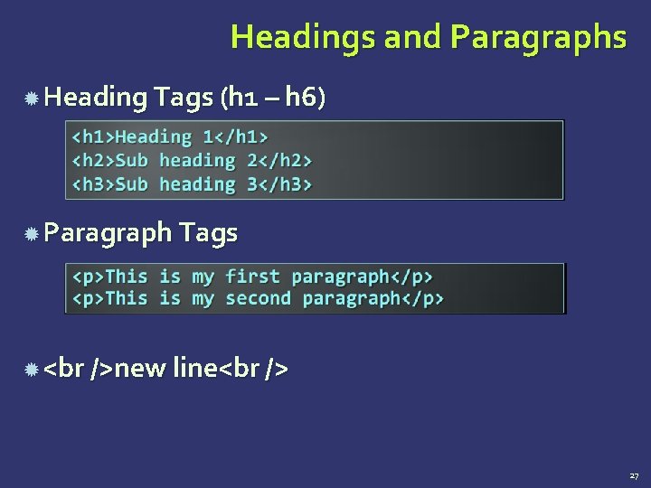 Headings and Paragraphs Heading Tags (h 1 – h 6) Paragraph Tags new line