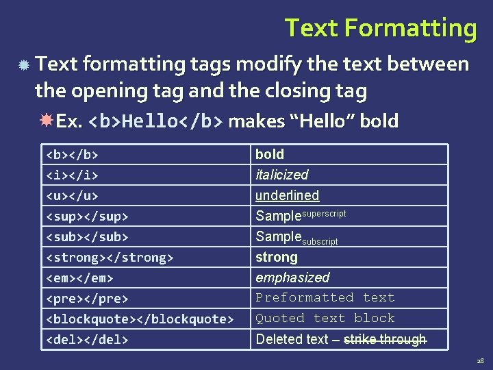 Text Formatting Text formatting tags modify the text between the opening tag and the