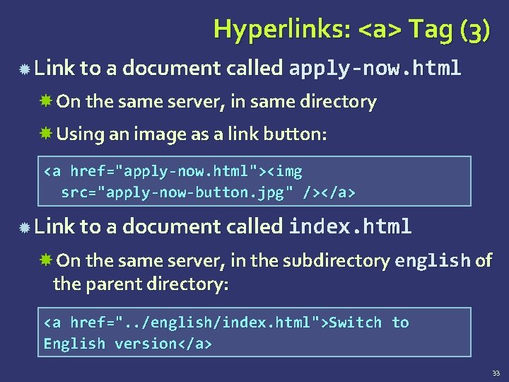 Hyperlinks: <a> Tag (3) Link to a document called apply-now. html On the same
