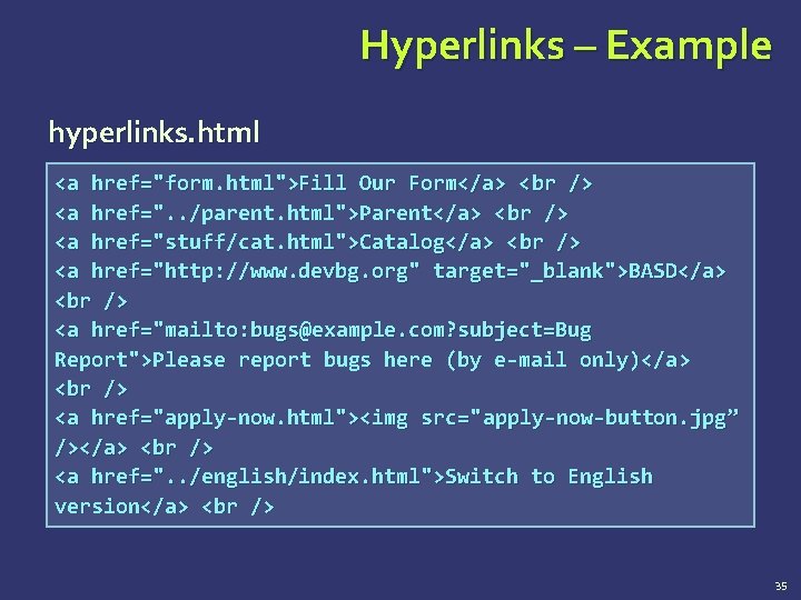 Hyperlinks – Example hyperlinks. html <a href="form. html">Fill Our Form</a> < br /> <a