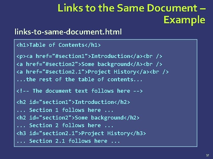 Links to the Same Document – Example links-to-same-document. html <h 1>Table of Contents</h 1>