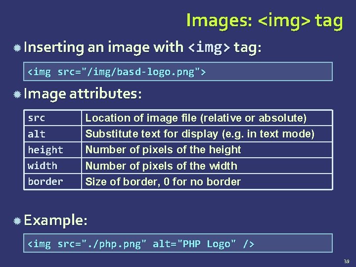Images: <img> tag Inserting an image with <img> tag: <img src="/img/basd-logo. png"> Image attributes: