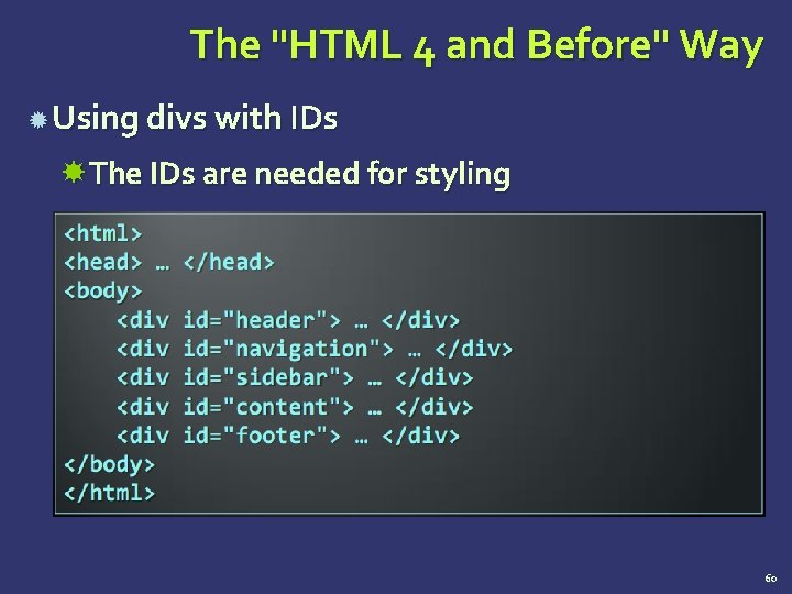The "HTML 4 and Before" Way Using divs with IDs The IDs are needed