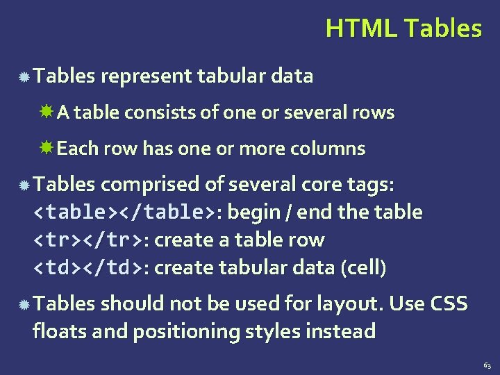 HTML Tables represent tabular data A table consists of one or several rows Each