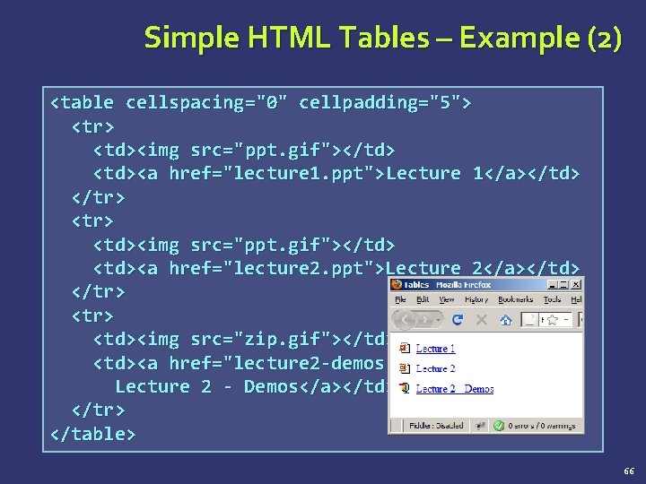 Simple HTML Tables – Example (2) <table cellspacing="0" cellpadding="5"> <tr> <td><img src="ppt. gif"></td> <td><a