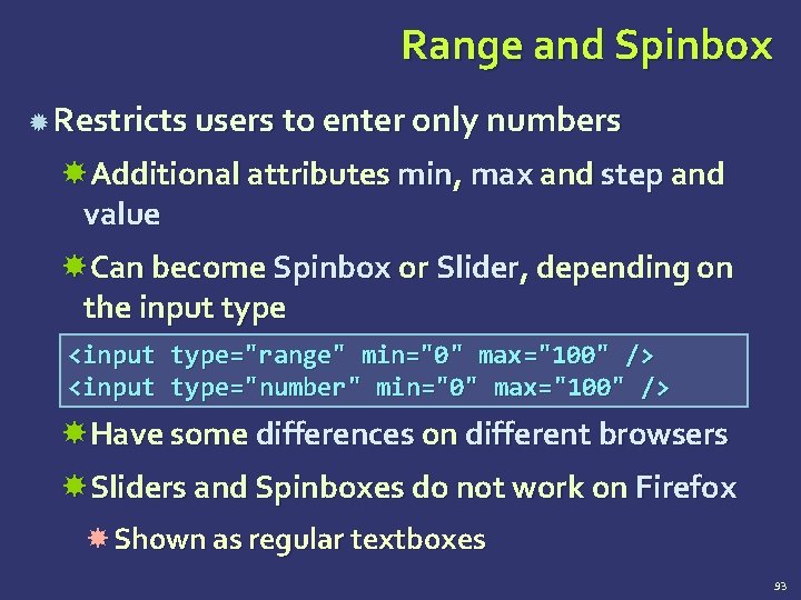 Range and Spinbox Restricts users to enter only numbers Additional attributes min, max and