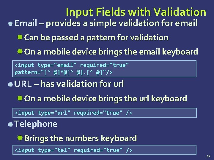 Input Fields with Validation Email – provides a simple validation for email Can be
