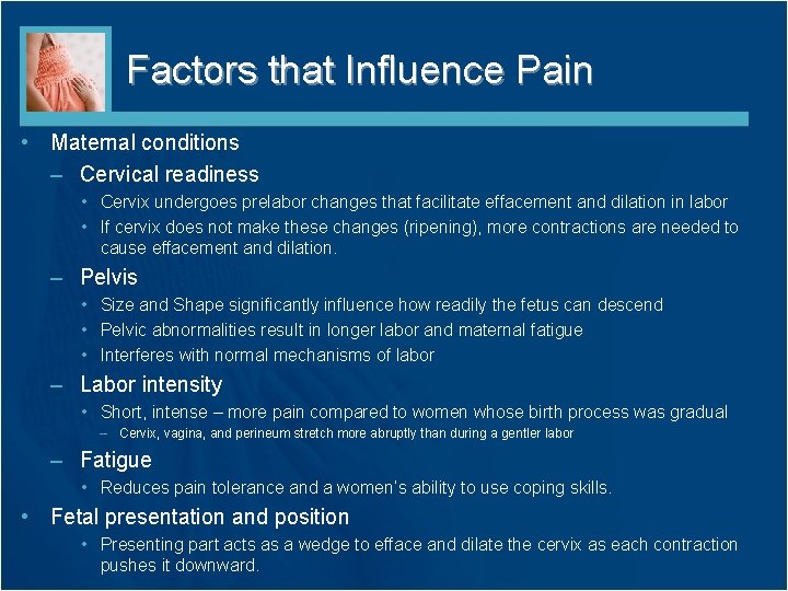 Factors that Influence Pain • Maternal conditions – Cervical readiness • Cervix undergoes prelabor