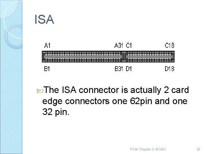 ISA The ISA connector is actually 2 card edge connectors one 62 pin and