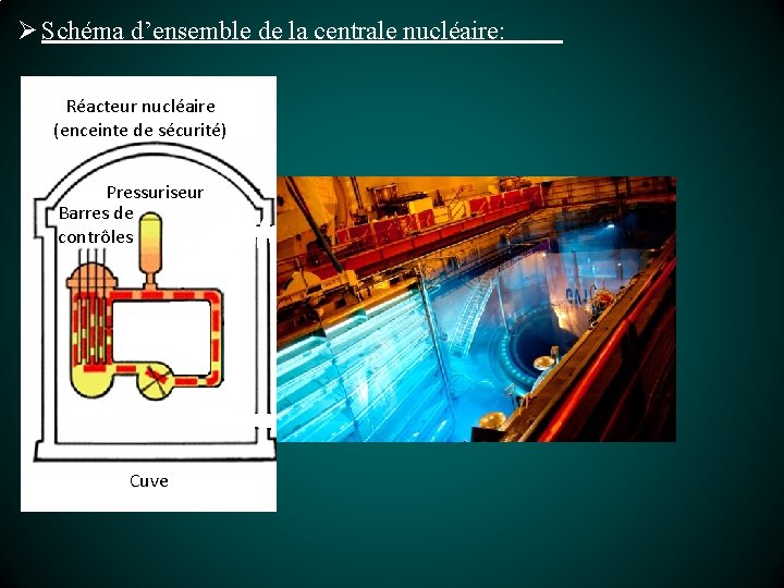 Ø Schéma d’ensemble de la centrale nucléaire: Réacteur nucléaire (enceinte de sécurité) Pressuriseur Barres