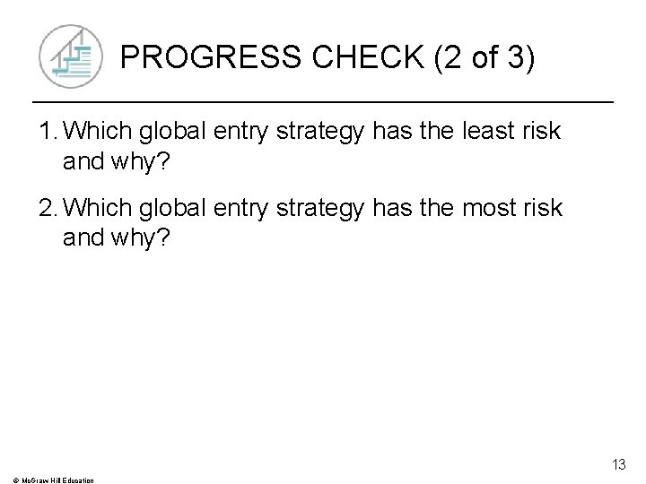 PROGRESS CHECK (2 of 3) 1. Which global entry strategy has the least risk