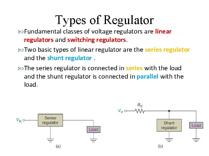 Types of Regulator Fundamental classes of voltage regulators are linear regulators and switching regulators.
