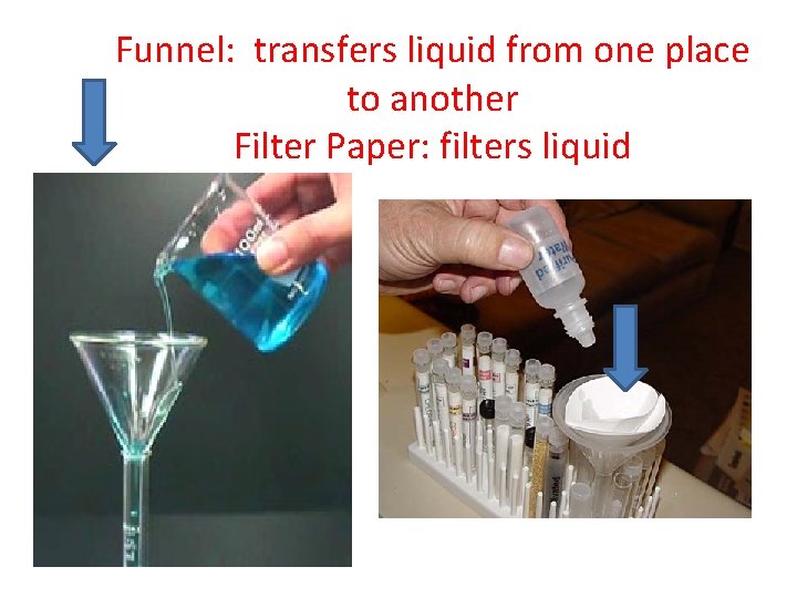 Funnel: transfers liquid from one place to another Filter Paper: filters liquid 