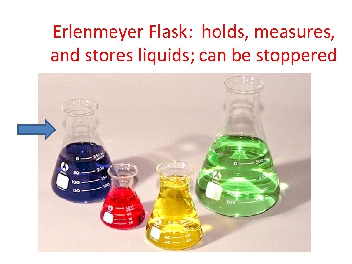 Erlenmeyer Flask: holds, measures, and stores liquids; can be stoppered 
