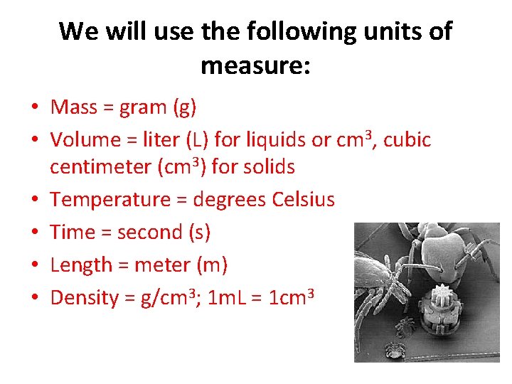 We will use the following units of measure: • Mass = gram (g) •