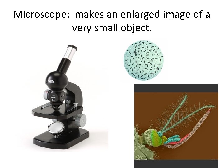 Microscope: makes an enlarged image of a very small object. 