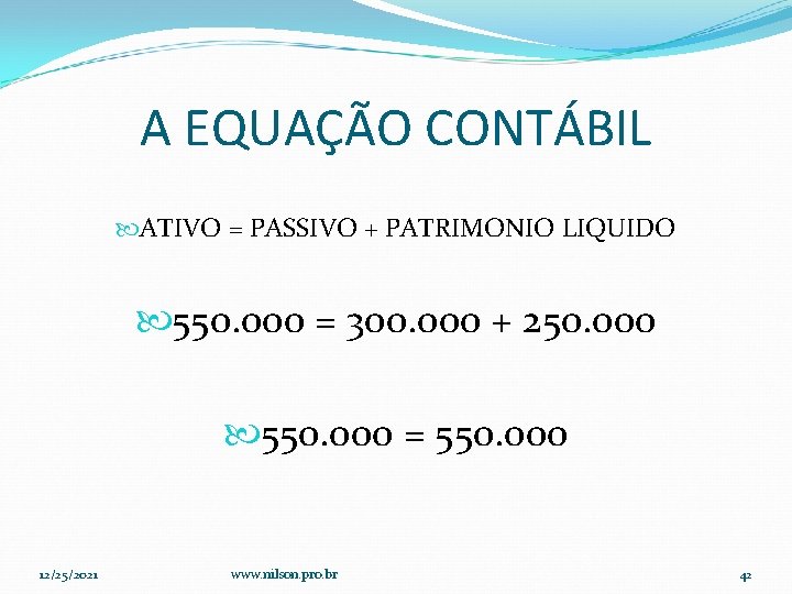 A EQUAÇÃO CONTÁBIL ATIVO = PASSIVO + PATRIMONIO LIQUIDO 550. 000 = 300. 000