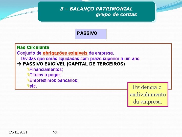 3 – BALANÇO PATRIMONIAL grupo de contas PASSIVO Não Circulante Conjunto de obrigações exigíveis