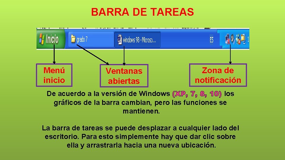BARRA DE TAREAS Menú inicio Ventanas abiertas Zona de notificación De acuerdo a la