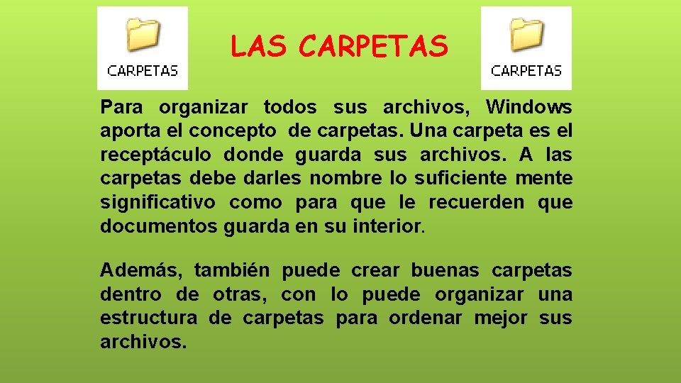 LAS CARPETAS Para organizar todos sus archivos, Windows aporta el concepto de carpetas. Una